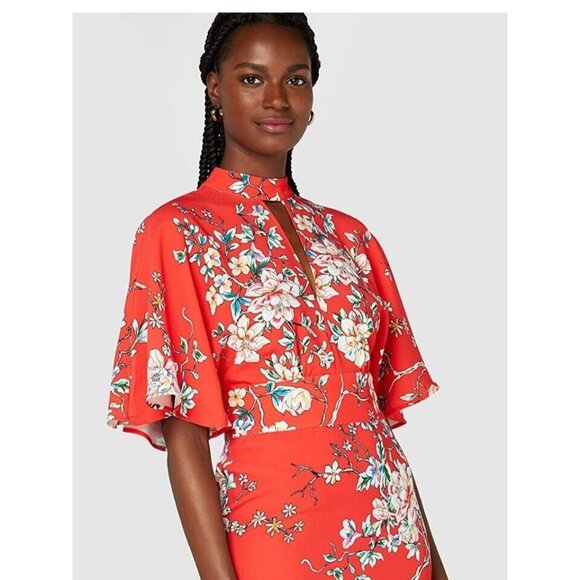 TRUTH & FABLE Women's XS Red Floral Keyhole Maxi Evening Dress with Side Slits - Picture 3 of 10